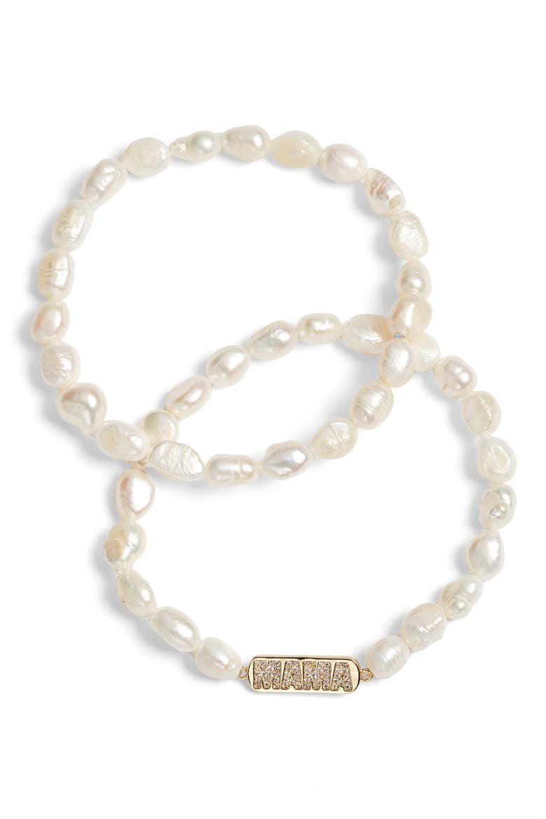 Gift Boxed Set of 2 Beaded Mama Faux Pearl Stretch Bracelets, Alternate, color, CLEAR- WHITE- GOLD