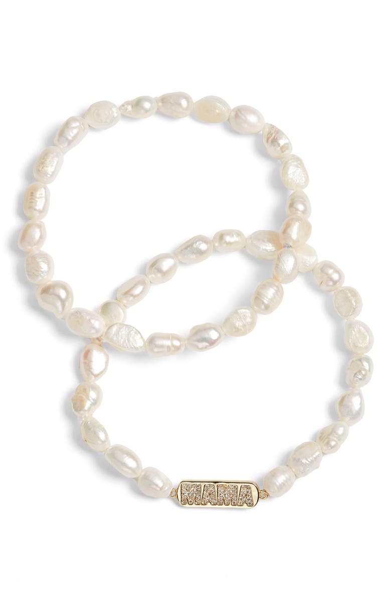 Chelsea28 Set of 2 Beaded Mama Faux Pearl Stretch Bracelets, Alternate, color, Clear- White- Gold