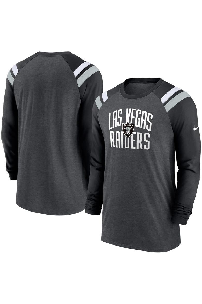 Men's Nike Heathered Charcoal/Black Las Vegas Raiders Tri-Blend Raglan Athletic Long Sleeve Fashion T-Shirt, Main, color, Heather Charcoal