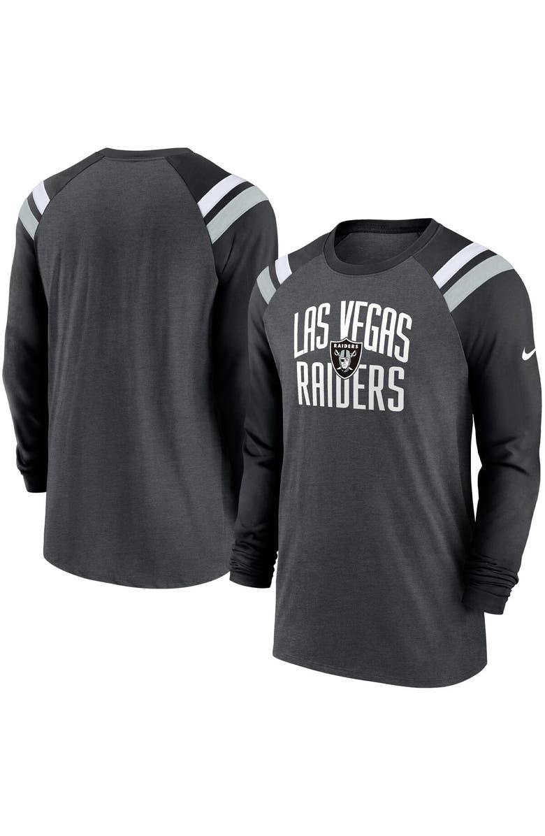 Nike Men's Nike Heathered Charcoal/Black Las Vegas Raiders Tri-Blend Raglan Athletic Long Sleeve Fashion T-Shirt, Main, color, Heather Charcoal