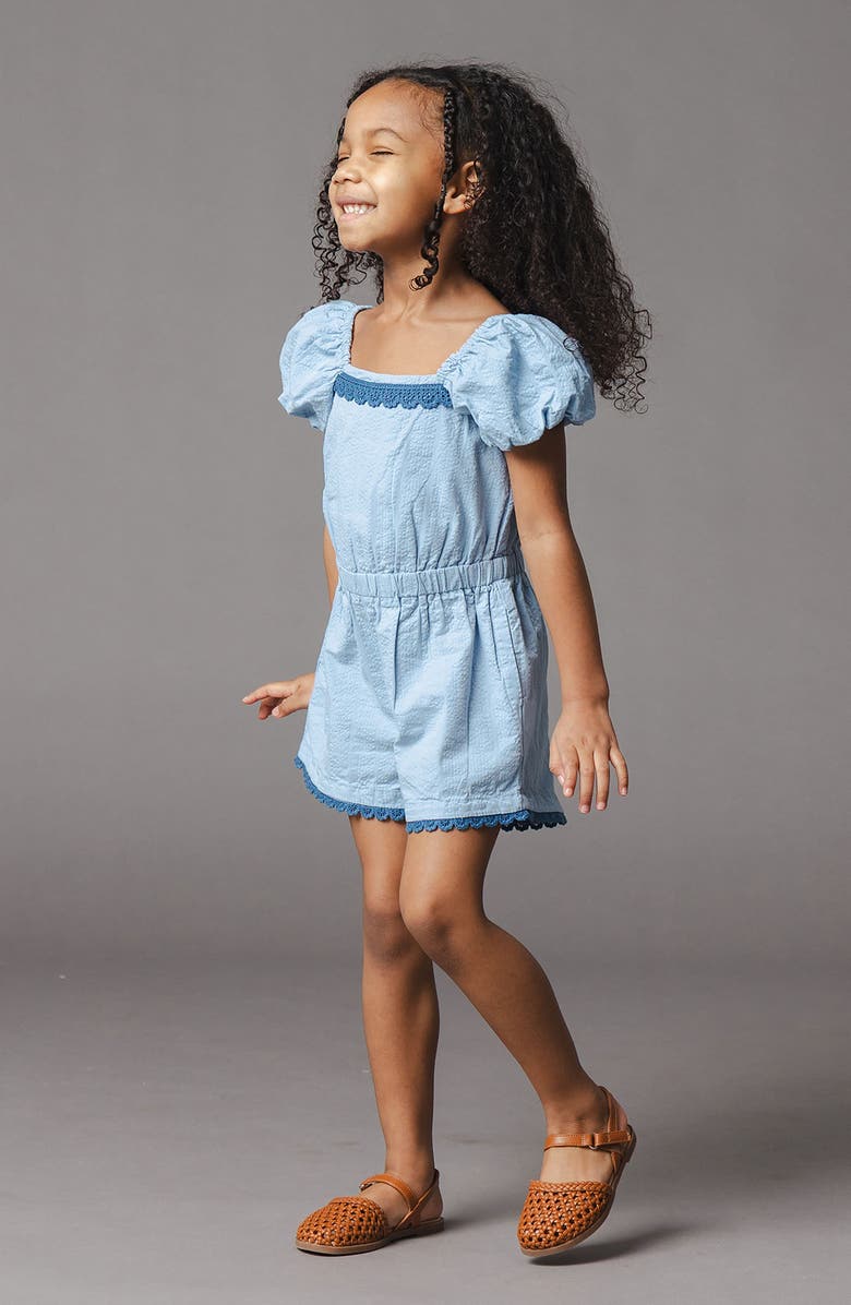 Hope & Henry Kids' Organic Puff Sleeve Seersucker Romper, Alternate, color, Bluebell