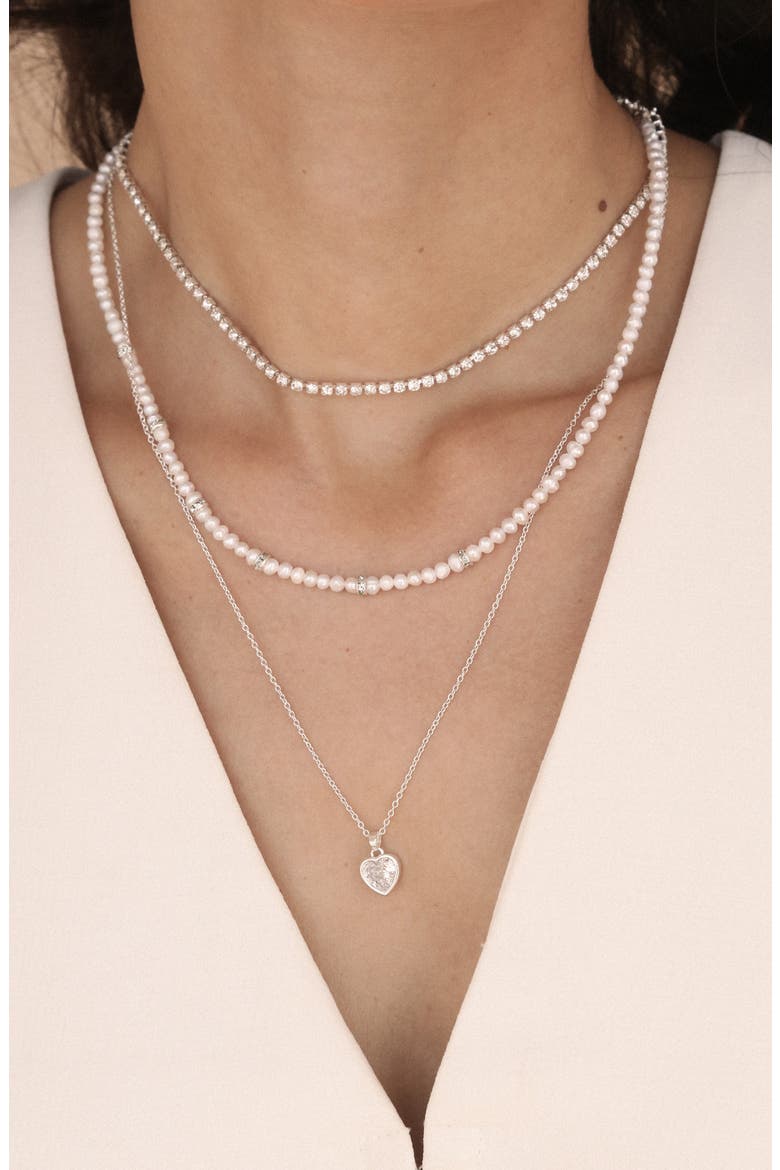 Layered Charm & Freshwater Pearl Necklace, Alternate, color, SILVER