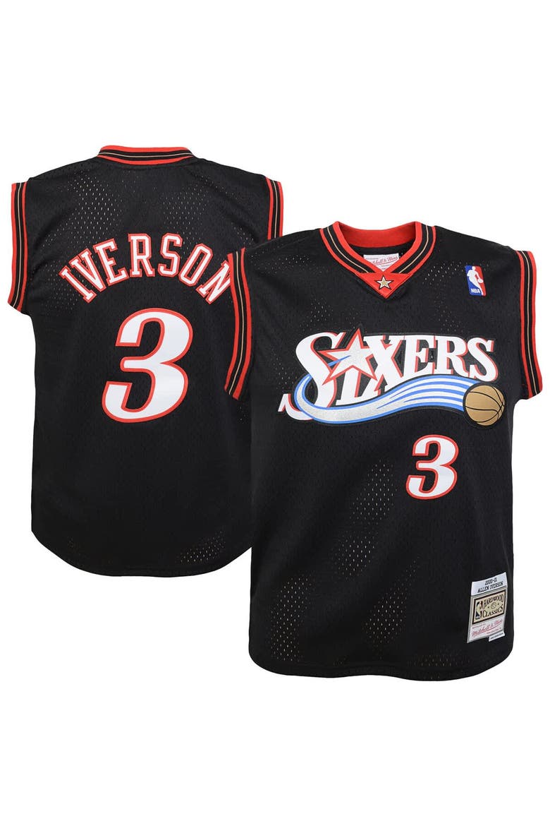 Youth Mitchell & Ness Allen Iverson Black Philadelphia 76ers 2000-01 Swingman Road Jersey, Main, color, Black