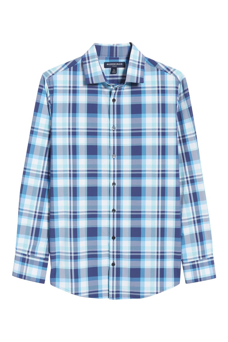 Men's Leeward Trim Fit Plaid Performance Button-Up Shirt, Alternate, color, NAVY AQUA MULTI LARGE PLAID