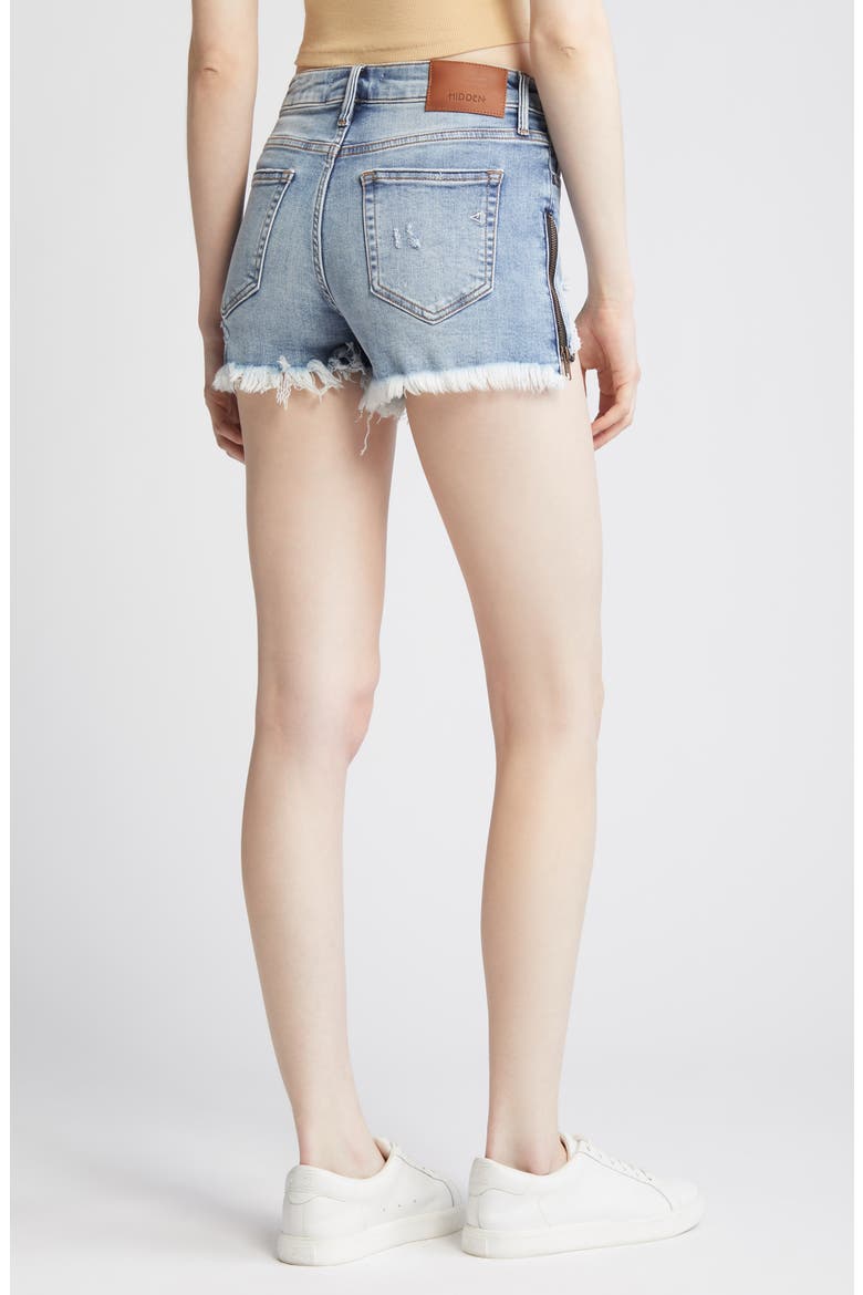 Distressed Side Zip Fringe Denim Shorts, Alternate, color, LIGHT WASH