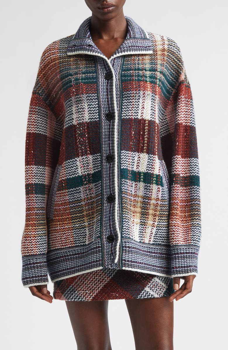 Missoni Oversize Check Wool Blend Cardigan, Main, color, Green And Red Tones