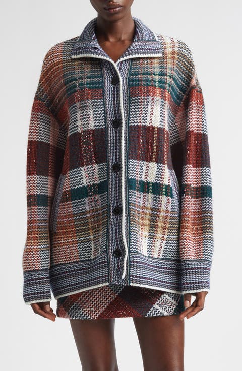 Oversize Check Wool Blend Cardigan