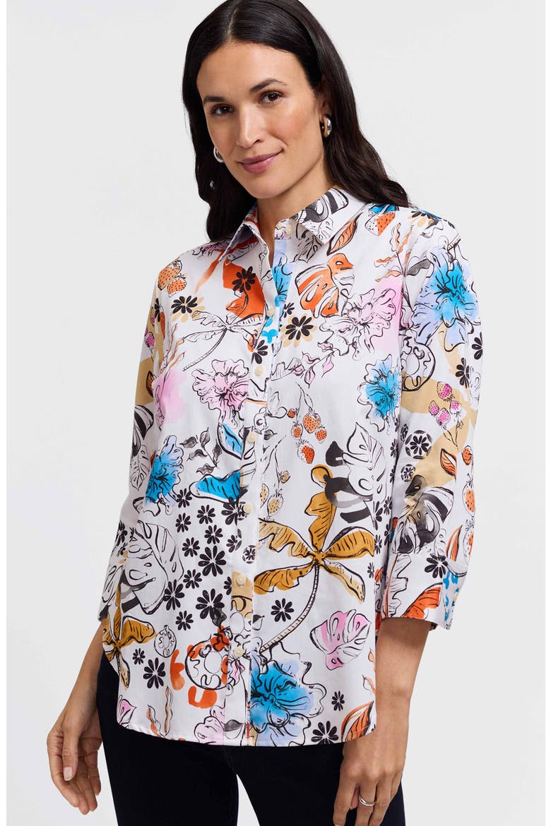 Meghan Watercolor Print Cotton Button-Up Shirt, Alternate, color, WHITE/ ORANGE MULTI