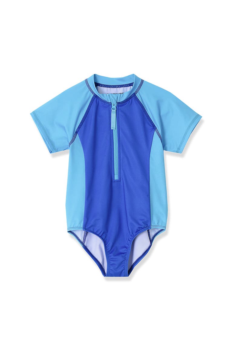 Girls Long Sleeve Half Zip One Piece UPF 50 Swimsuit, Main, color, Neon Blue/Electric Blue