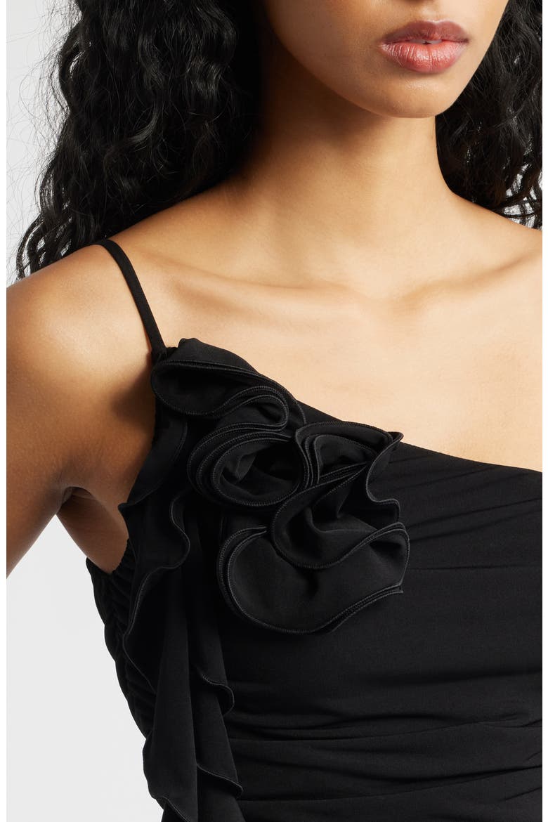 Ruched Asymmetrical One-Shoulder Top with Ruffle Trim, Alternate, color, BLACK