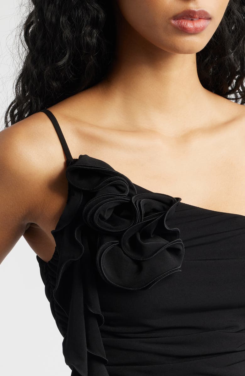 MANGO Ruched Asymmetrical One-Shoulder Top with Ruffle Trim, Alternate, color, Black