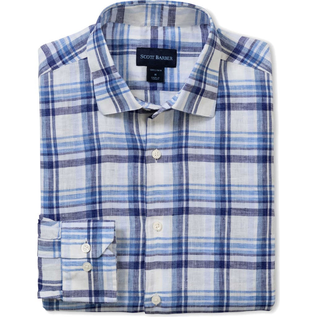 Scott Barber European Plaid Linen Button-up Shirt In Navy