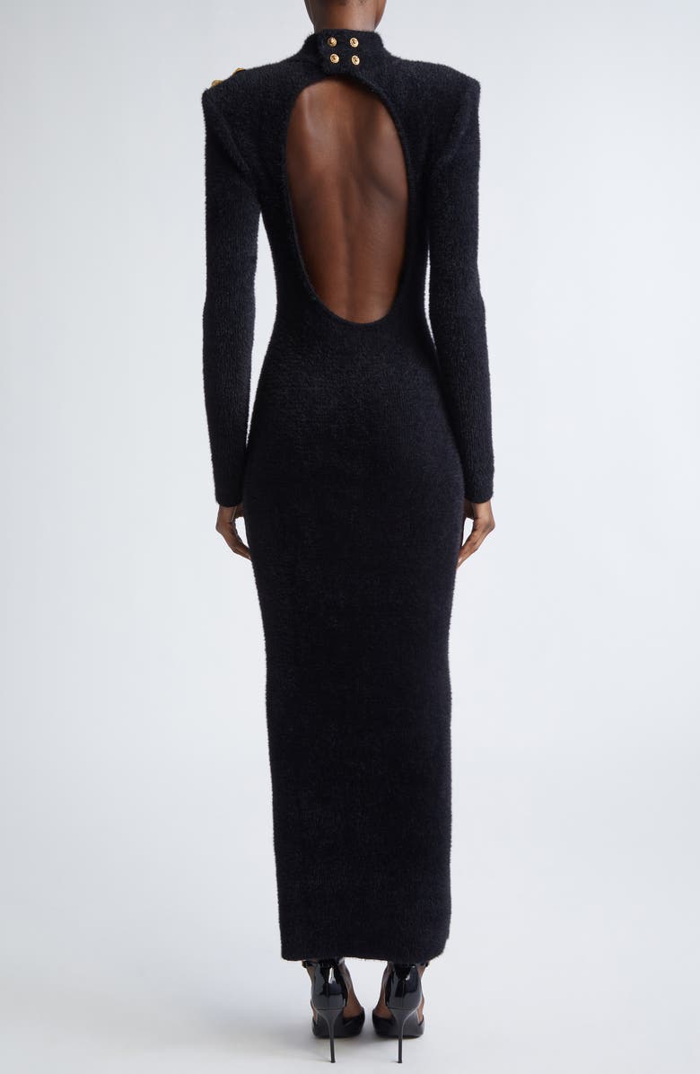 Balmain Button Detail Open Back Long Sleeve Bouclé Dress, Alternate, color, 0Pa Black