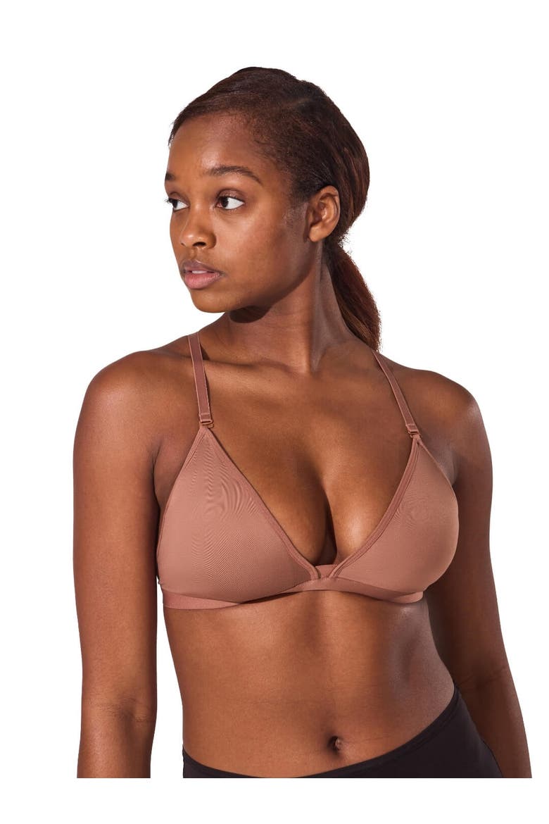 Deep Neck Clear Back Bra, Main, color, dark brown