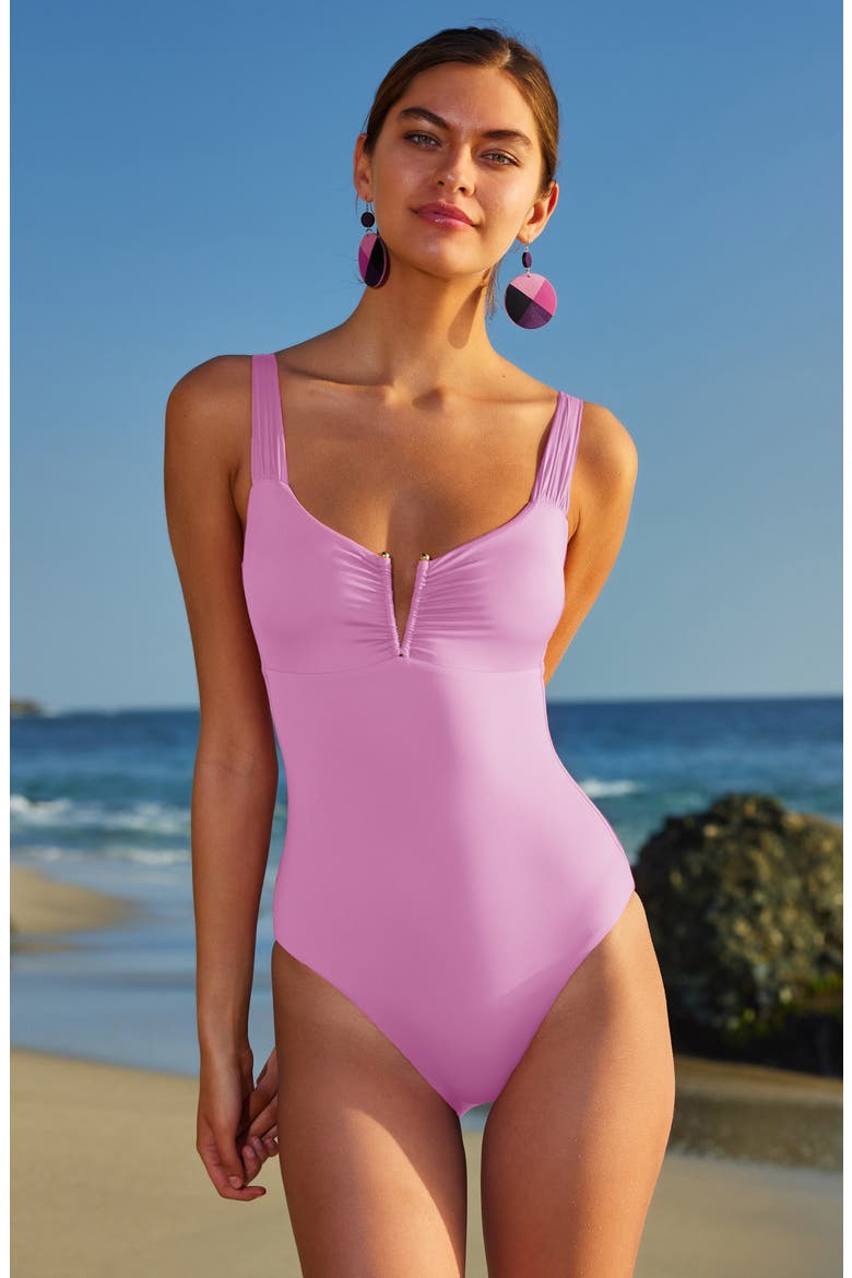 Shirred V-Wire One-Piece Swimsuit, Alternate, color, ORCHID