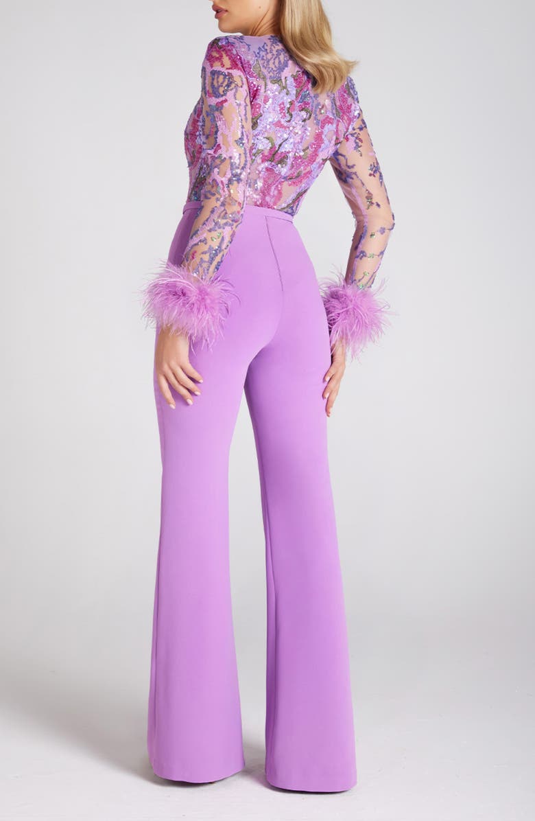 NADINE MERABI Michaela Ostrich & Turkey Feather Belted Long Sleeve Jumpsuit, Alternate, color, 