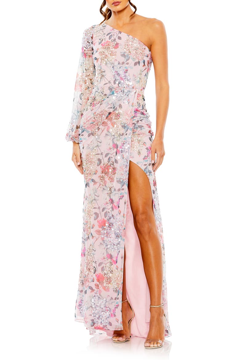 Sequin Floral One-Shoulder Sheath Gown, Main, color, LILAC