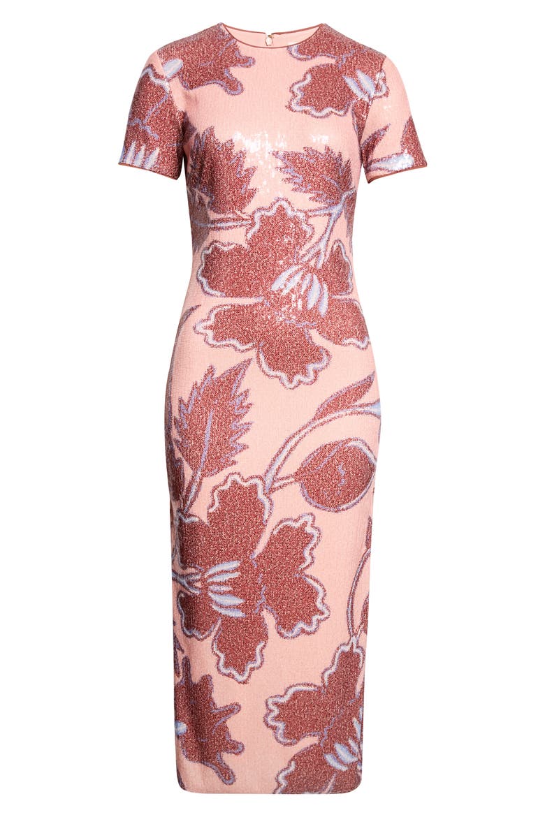 Amelie Floral Sequin Sheath Dress, Main, color, CERA FLOWER GIANT PEACH CREAM