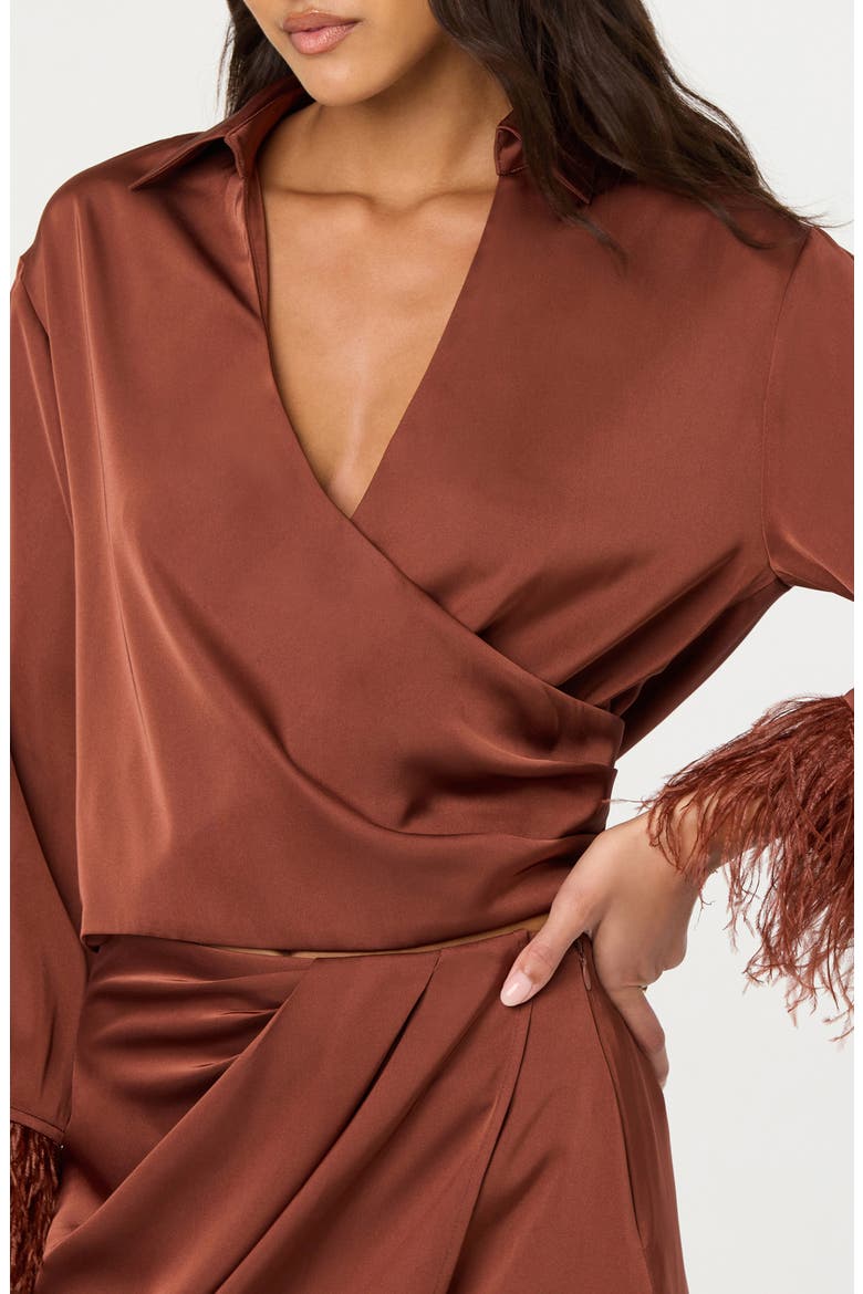 Catrina Feather Accent Surplice Satin Top, Alternate, color, RUST BROWN