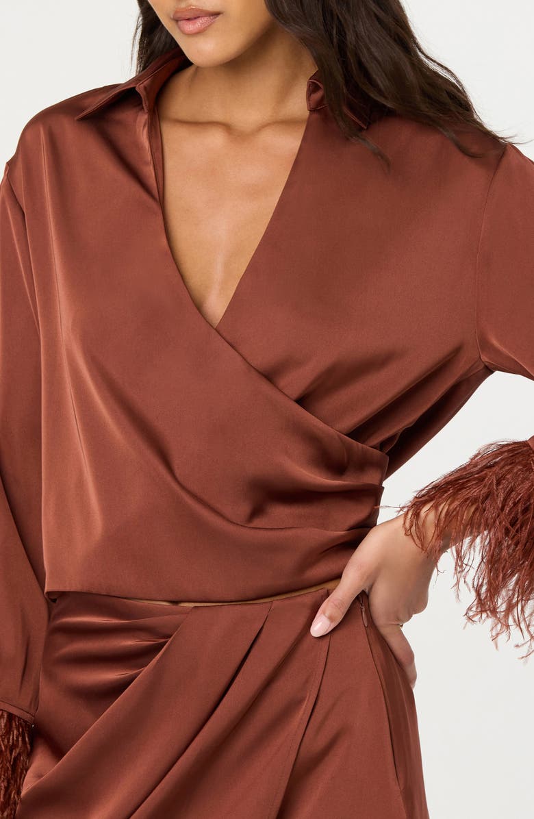 ASTR the Label Catrina Feather Accent Surplice Satin Top, Alternate, color, Rust Brown