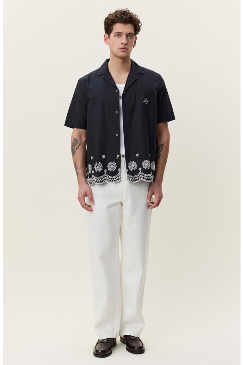 Lace Embroidered Organic Cotton Camp Shirt, Alternate, color, TAP SHOE BLACK