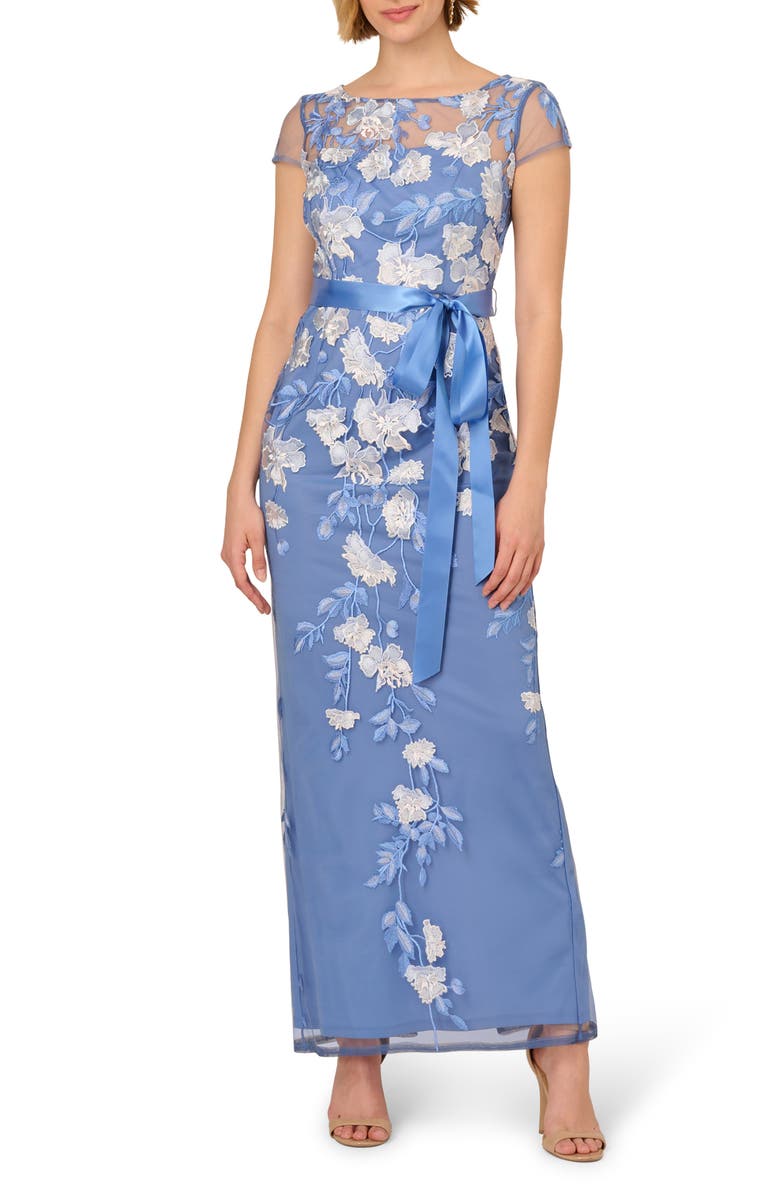 Adrianna Papell Floral Cascading Column Gown, Main, color, French Blue Multi