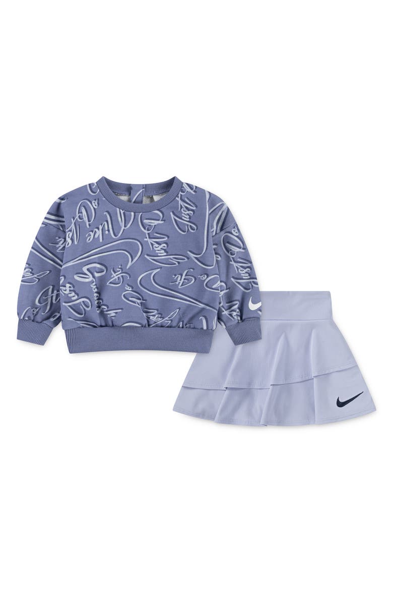 Nike Swoosh Print Sweatshirt & Dri-FIT Skort Set, Main, color, Ghost