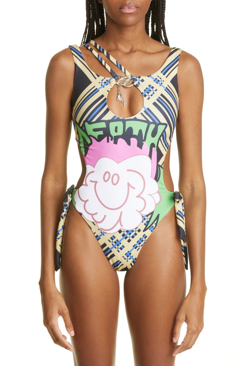 Happy Death Cloud Cutout One-Piece Swimsuit, Main, color, BLACK/ GREEN/ PINK MULTI