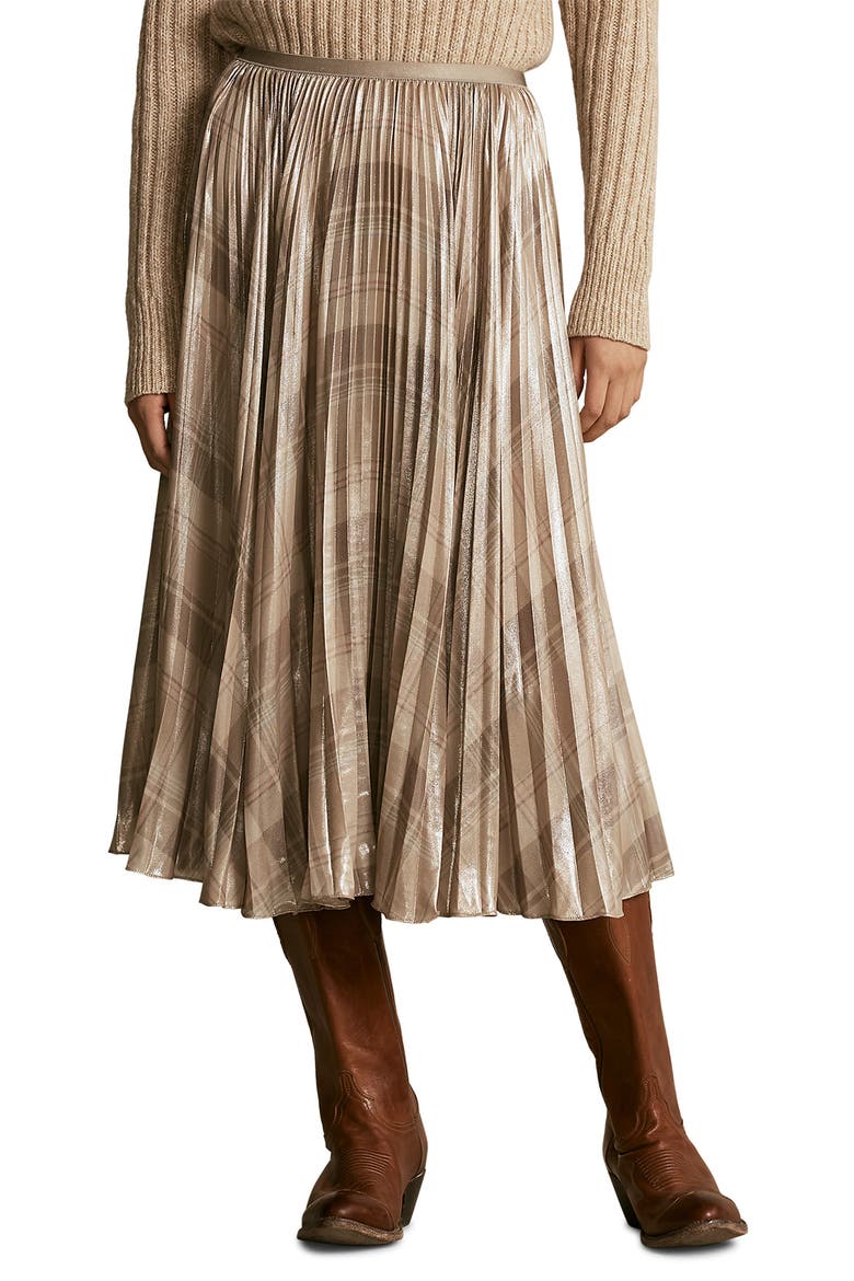 Rese Metallic Plaid Pleated Skirt, Main, color, TAN MULTI PLAID