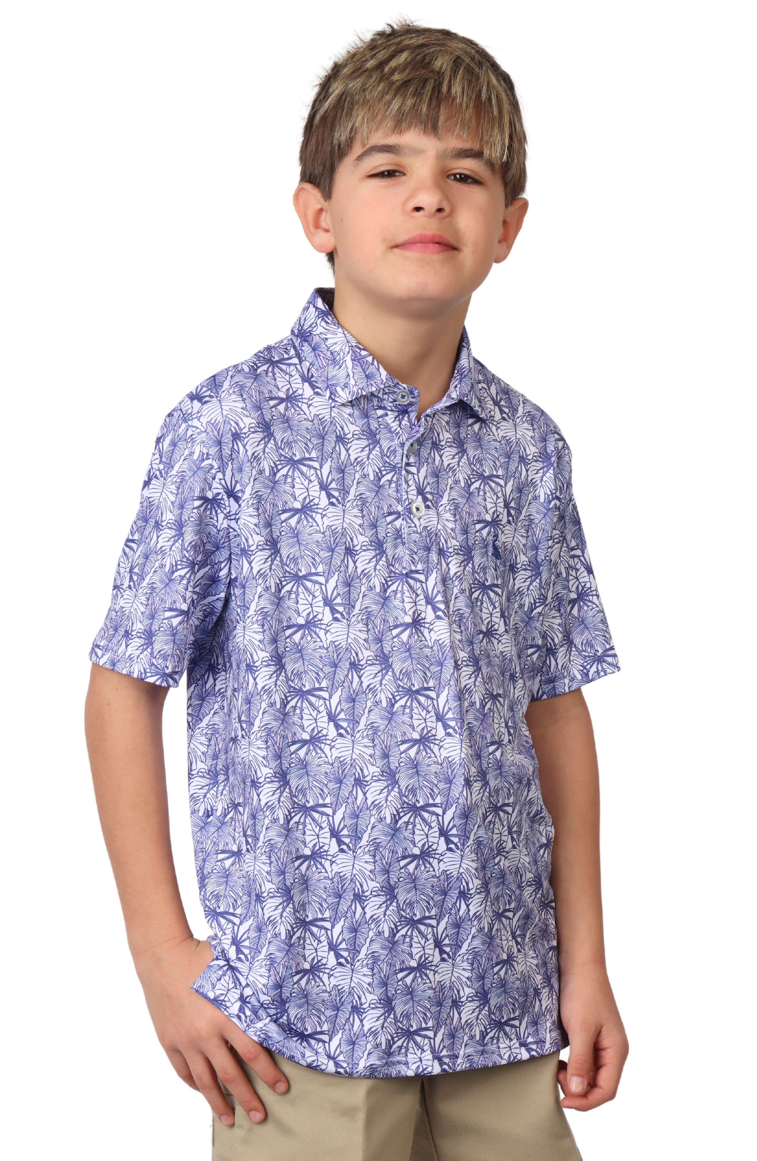 TailorByrd Kids' Stenciled Leaves Print Performance Knit Polo