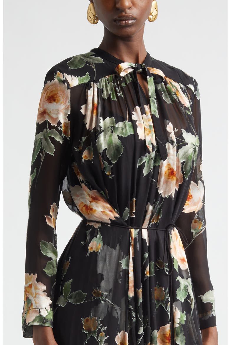 Luna Floral Long Sleeve Silk Burnout Maxi Dress, Alternate, color, BLACK ROSE