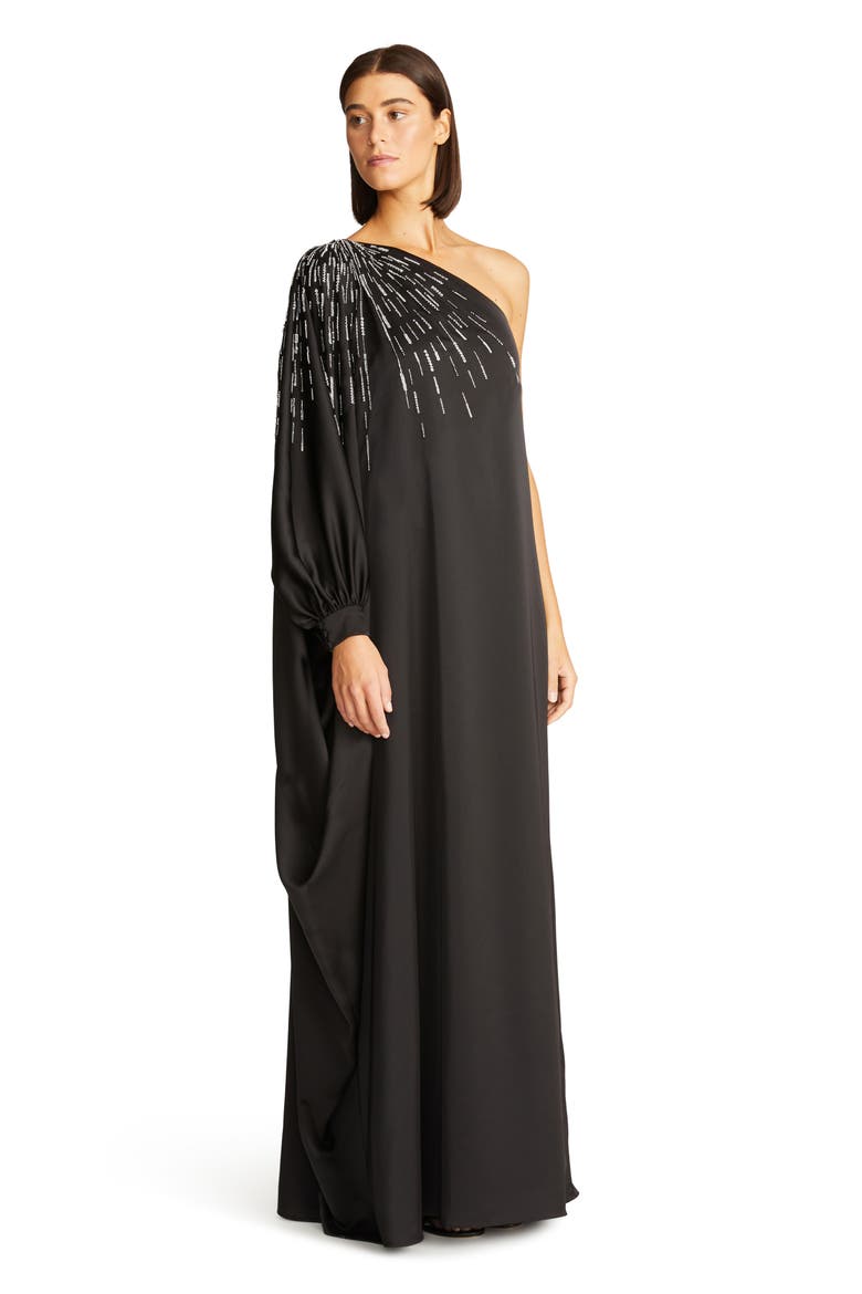 Chaya Beaded One-Shoulder Satin Gown, Alternate, color, BLACK