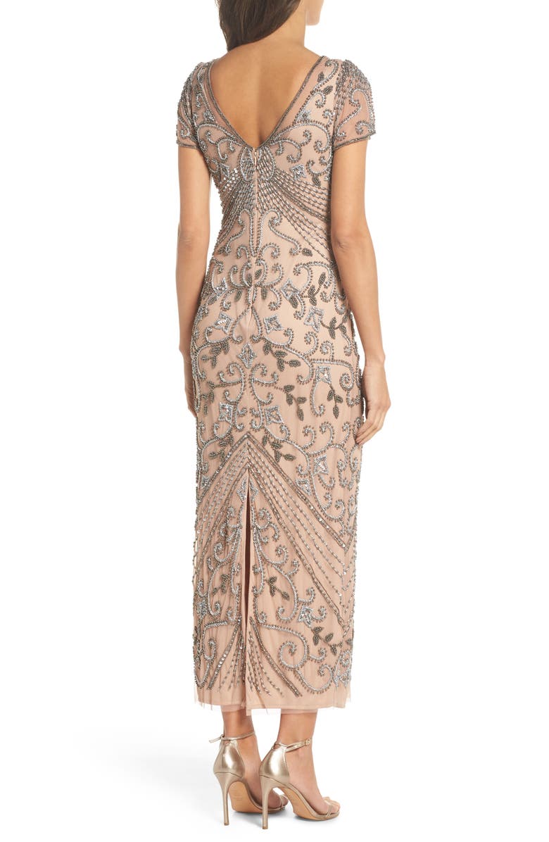 Beaded Mesh Column Gown