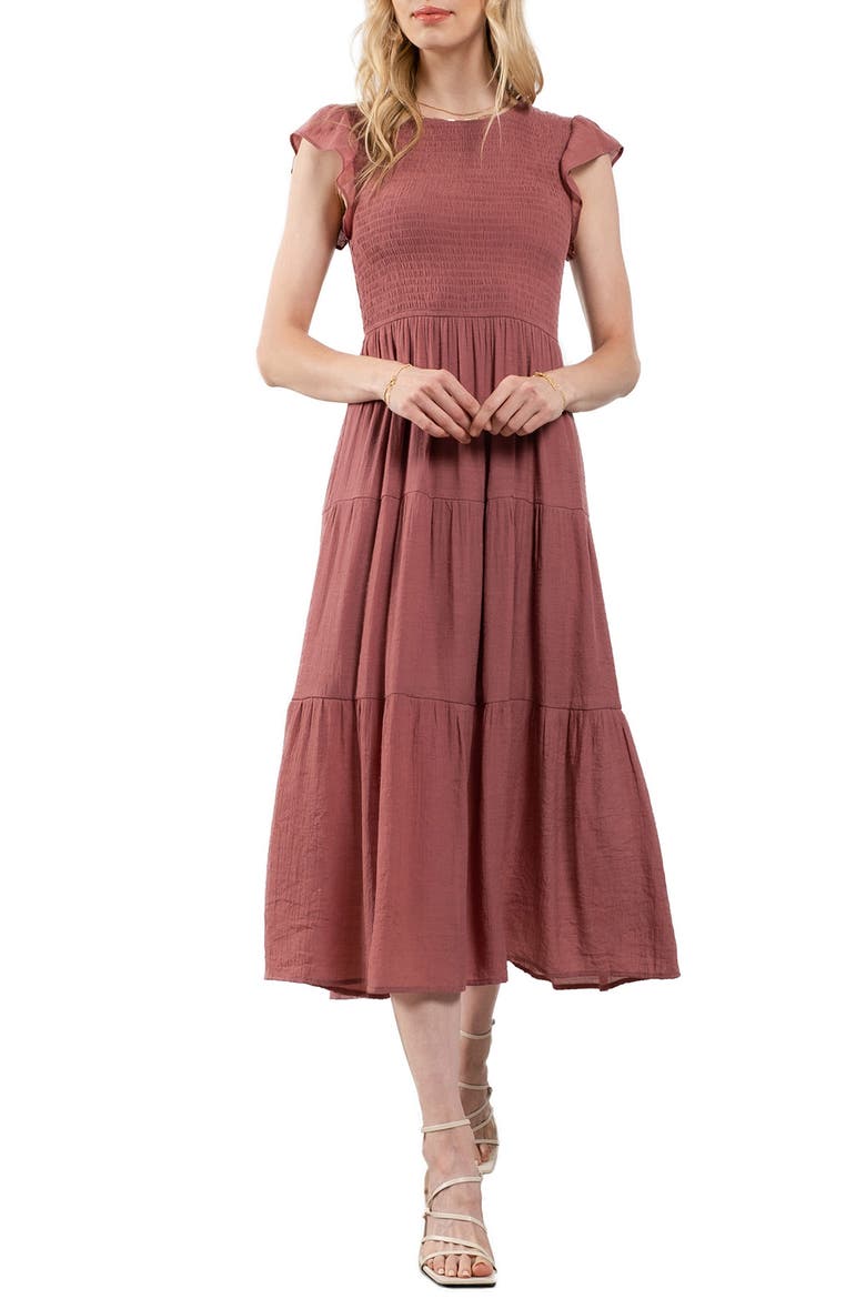 Flutter Sleeve Smocked Tiered Midi Dress, Main, color, DUSTY MAUVE