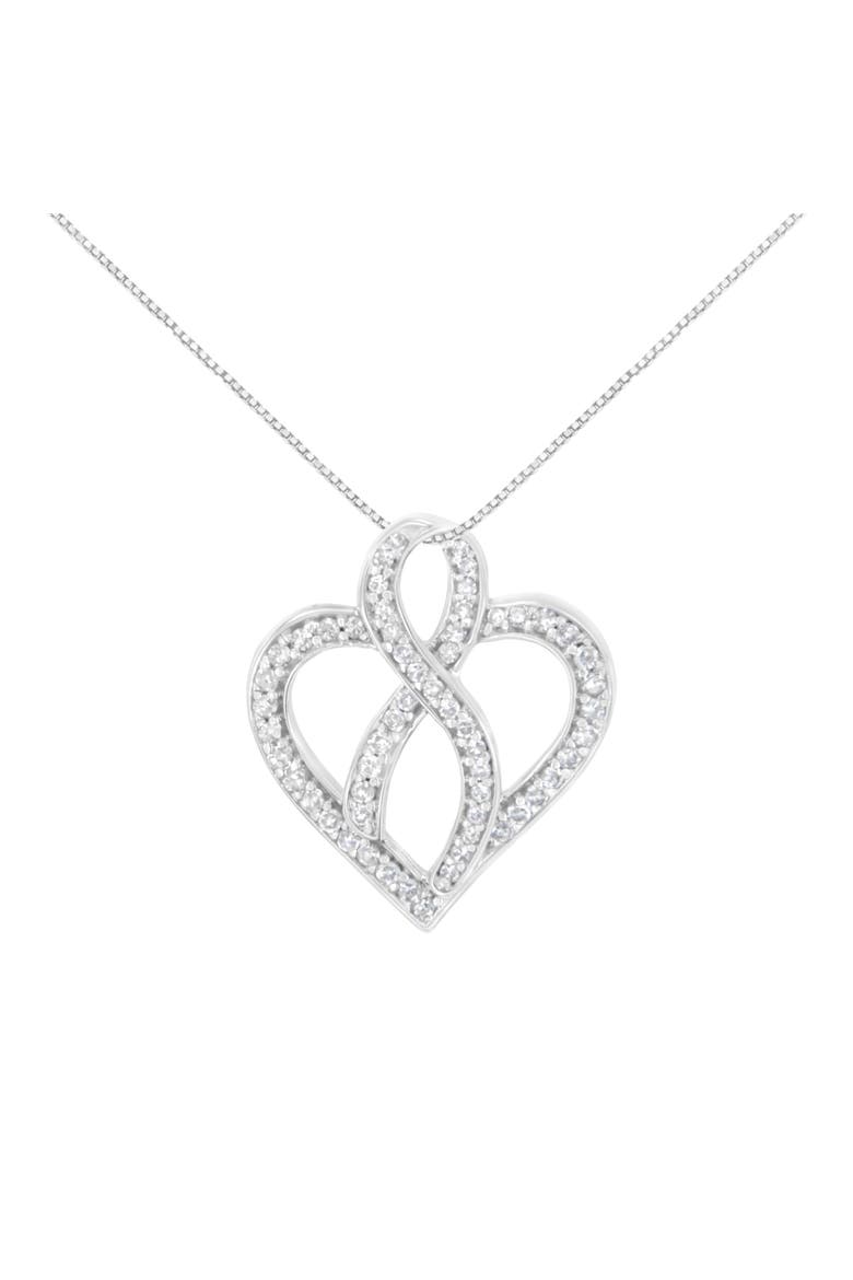 14K White Gold 1/4 cttw Round Cut Diamond Heart and Ribbon Center Pendant Necklace, Main, color, White
