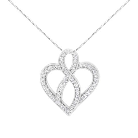 14K White Gold 1/4 cttw Round Cut Diamond Heart and Ribbon Center Pendant Necklace