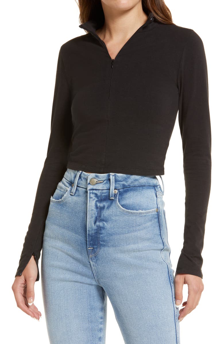 Good American Zip Mock Sleeve Top, Main, color, 
