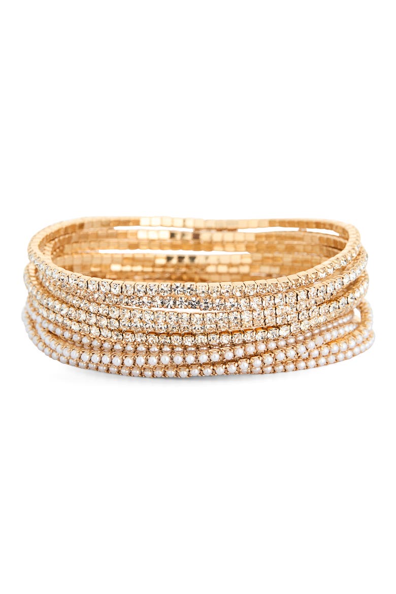 Set of 10 Crystal & Faux Pearl Stretch Bracelets, Main, color, CLEAR- WHITE- GOLD