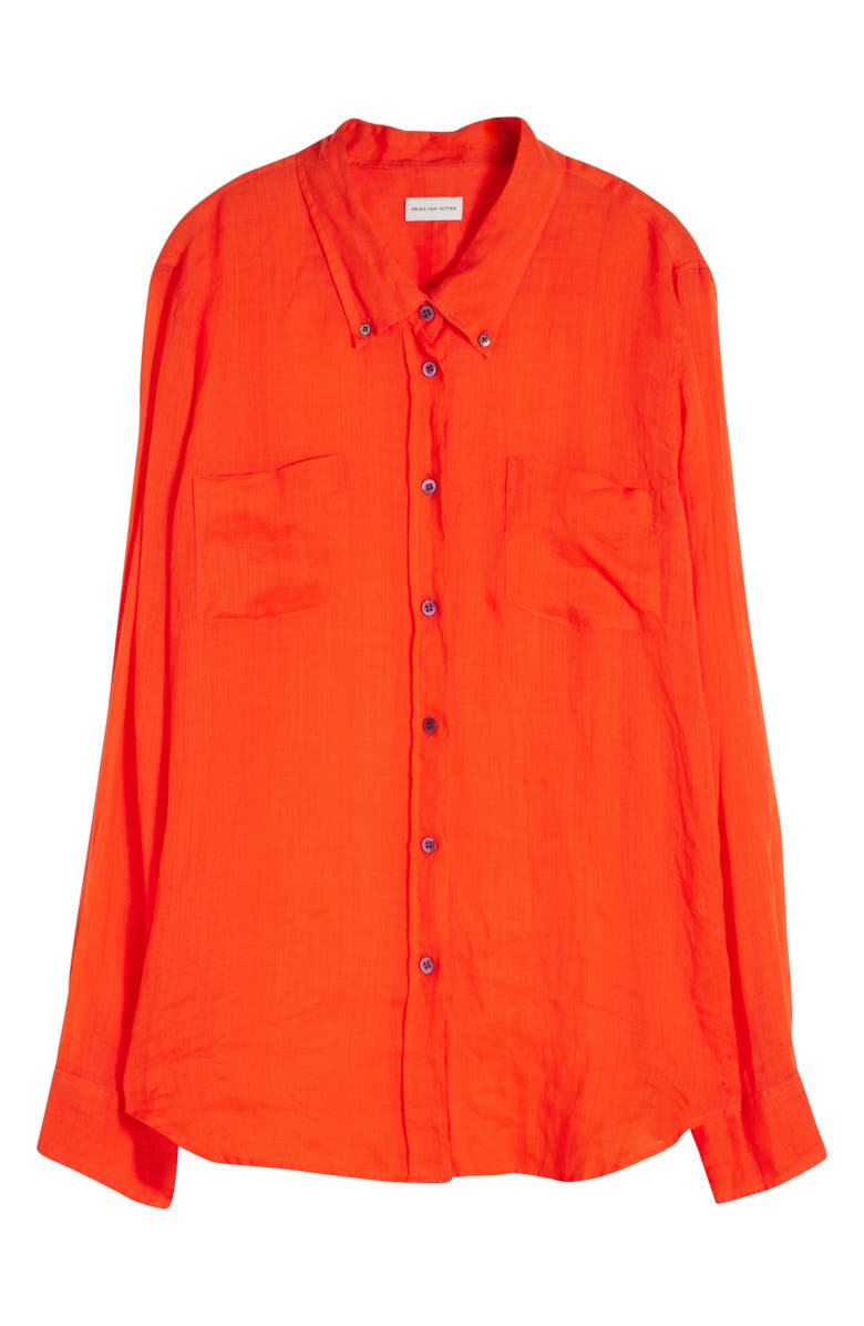 Dries Van Noten Cheers Ramie Mousseline Button-Down Shirt, Alternate, color, Red