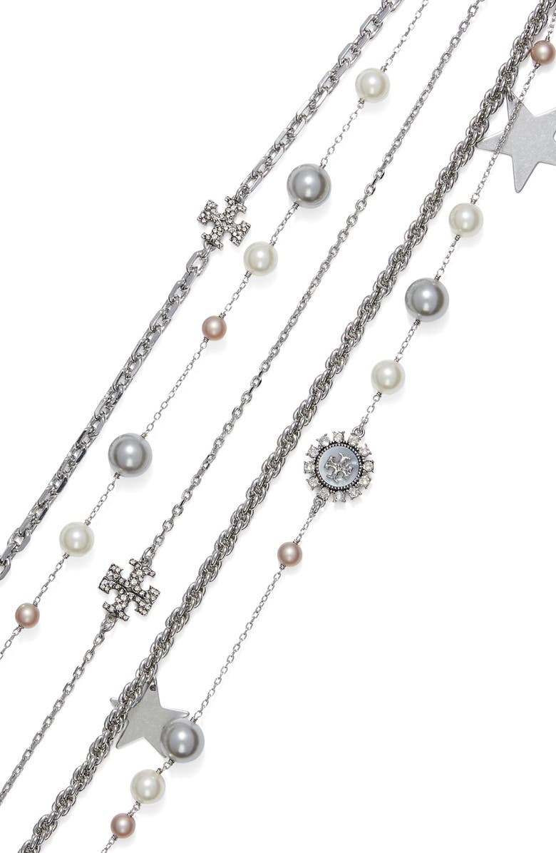 Tory Burch Faux Pearl and Mother-of-Pearl Station Multistrand Necklace, Alternate, color,