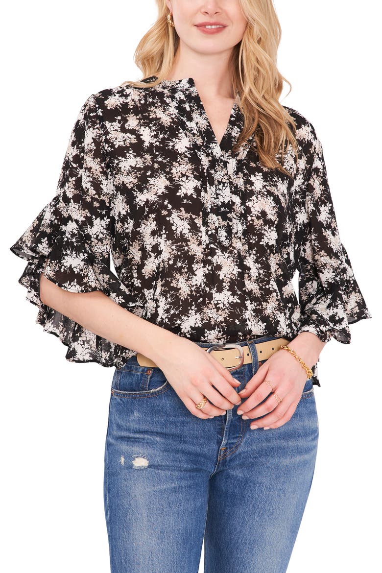 Ruffle Sleeve Split Neck Blouse, Alternate, color, RICH BLACK