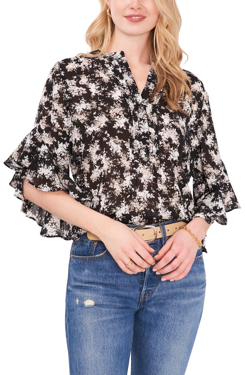 Vince Camuto Ruffle Sleeve Split Neck Blouse, Alternate, color,