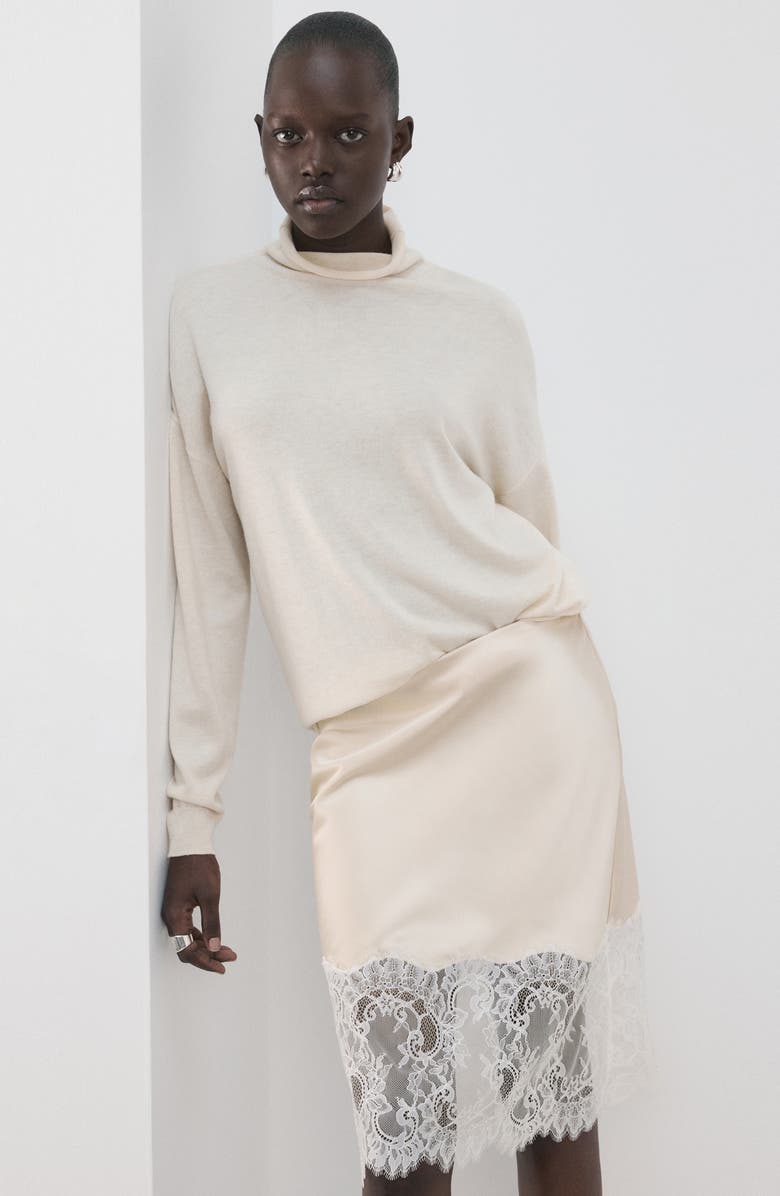 MANGO Lace Trim Satin Midi Skirt, Alternate, color, 