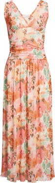 Loveappella Floral Ruched Mesh Maxi Dress