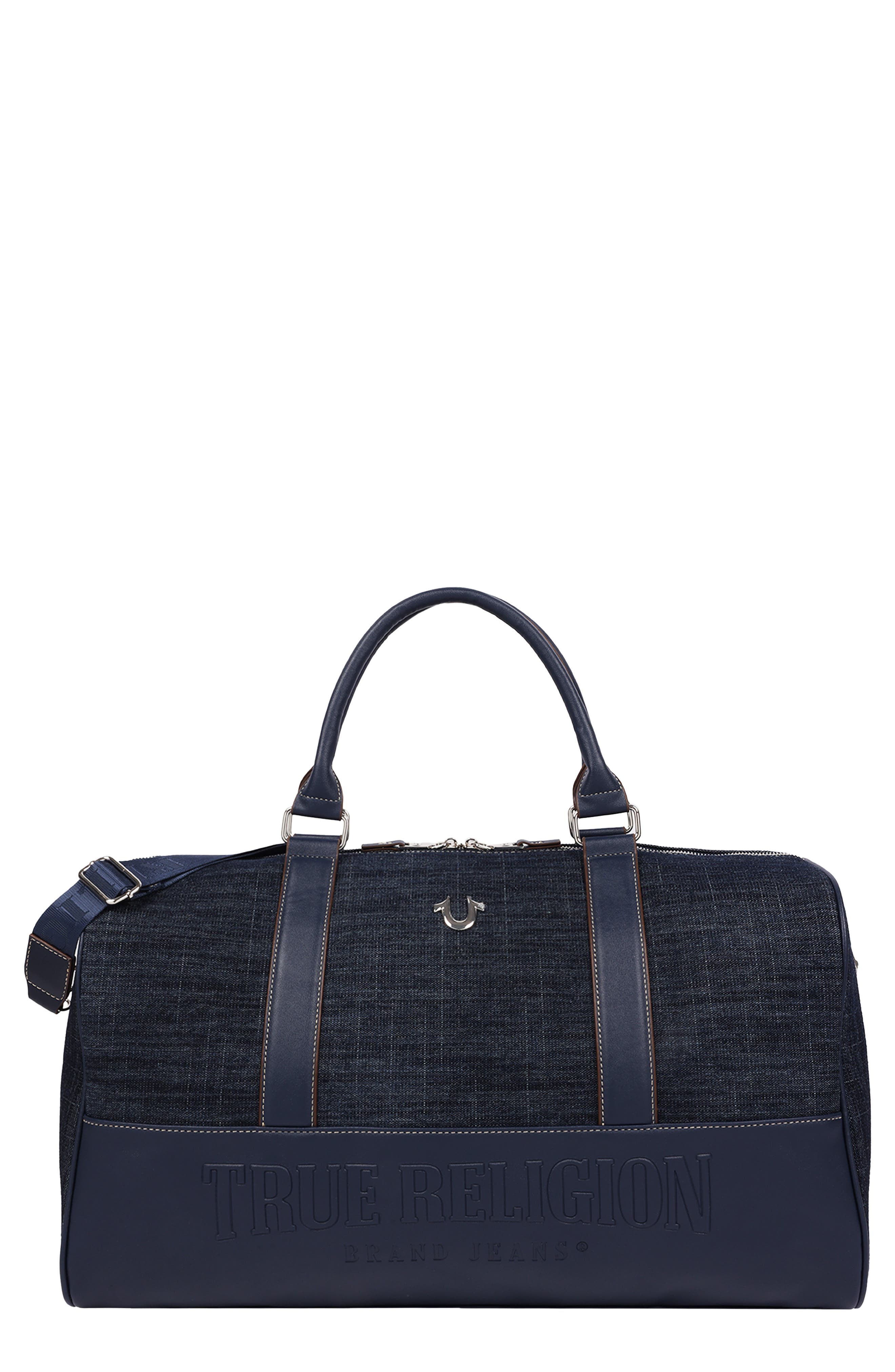 Horseshoe Quilted Denim Weekender Bag, Main, color, DARK DENIM
