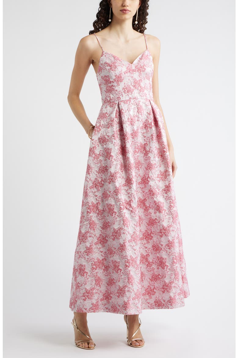 Seamed Bodice Jacquard Gown, Main, color, PINK MULTI BROCADE