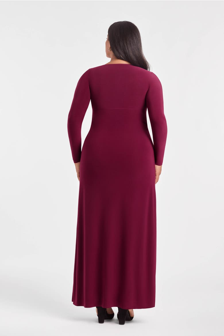 Sculpting Shapewear Shirred V-Neck Long Sleeve Solid Maxi Dress, Alternate, color, Cherry Mocha
