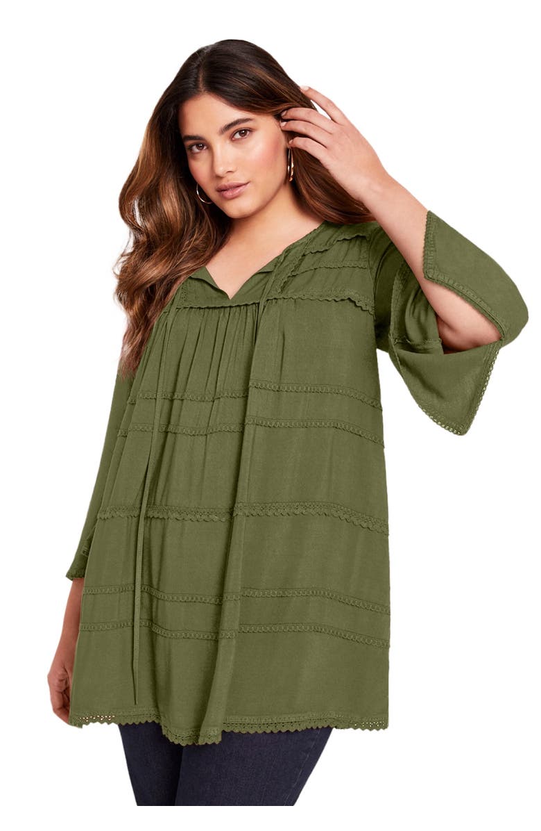 June + Vie Acid Wash Peasant Blouse, Main, color, Forest Moss