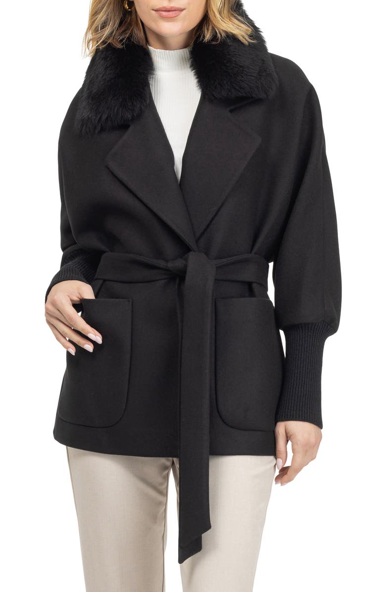 GORSKI Fabric Jacket With Detachable Genuine Shearling Collar, Belt, Alternate, color, Black