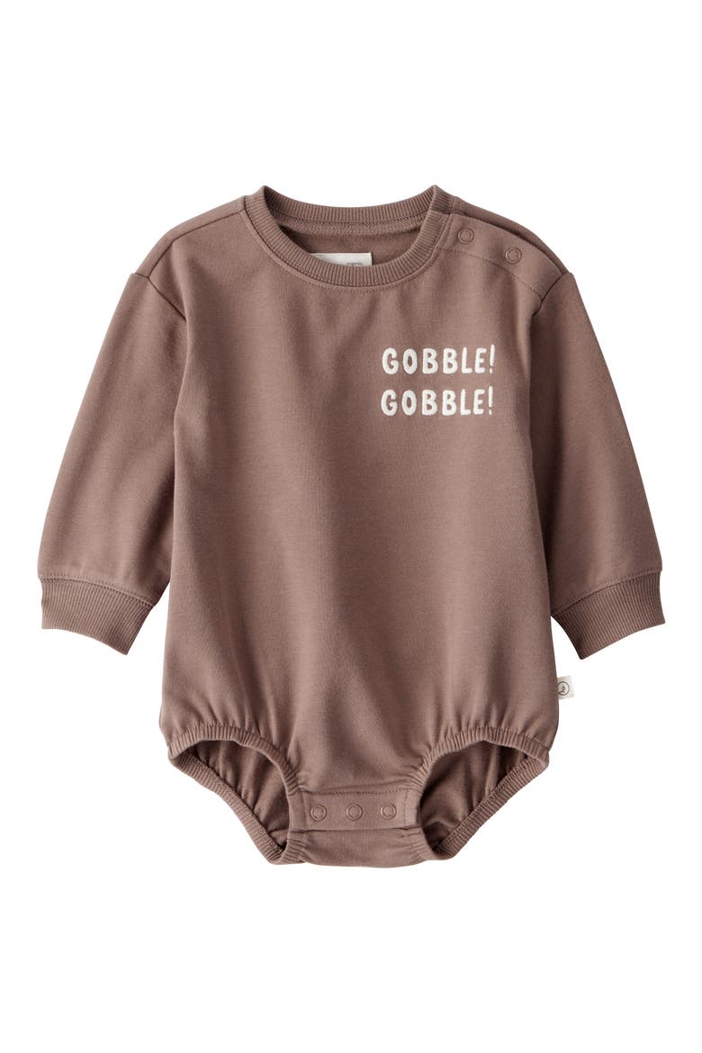 Gobble Gobble Stretch Organic Cotton Bubble Bodysuit, Main, color, LITTLE PLANET BROWN GOBBLE